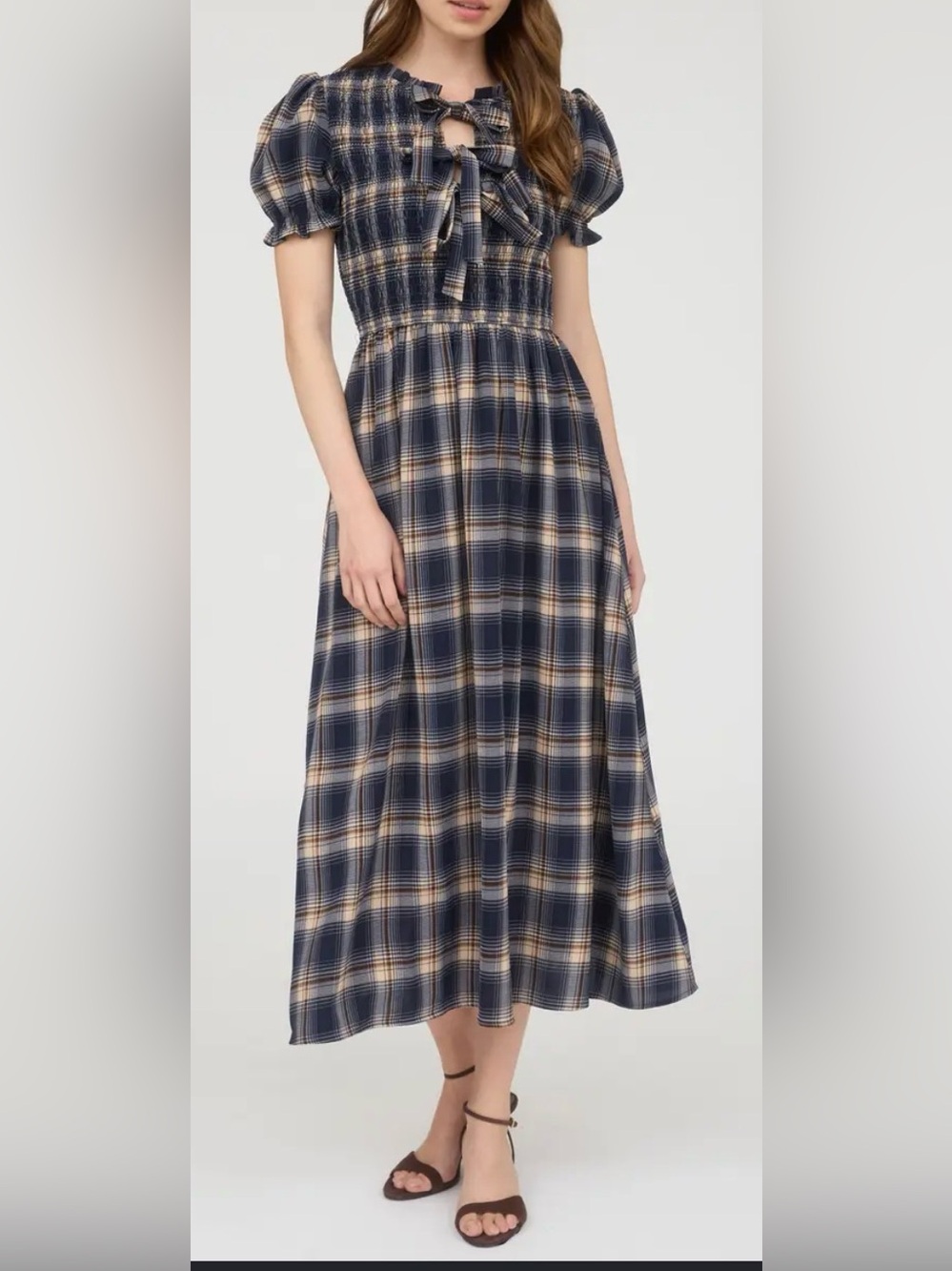 August Sky Plaid Navy and Cream Puff Sleeve Maxi Dress - Size L